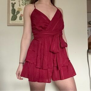 Lulus red romper with ruffles and waist tie cocktail party summer